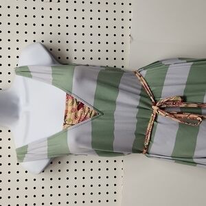 MATILDA Jane Full Length Dress Green Stripe With Floral Hem And Belt Accent Size